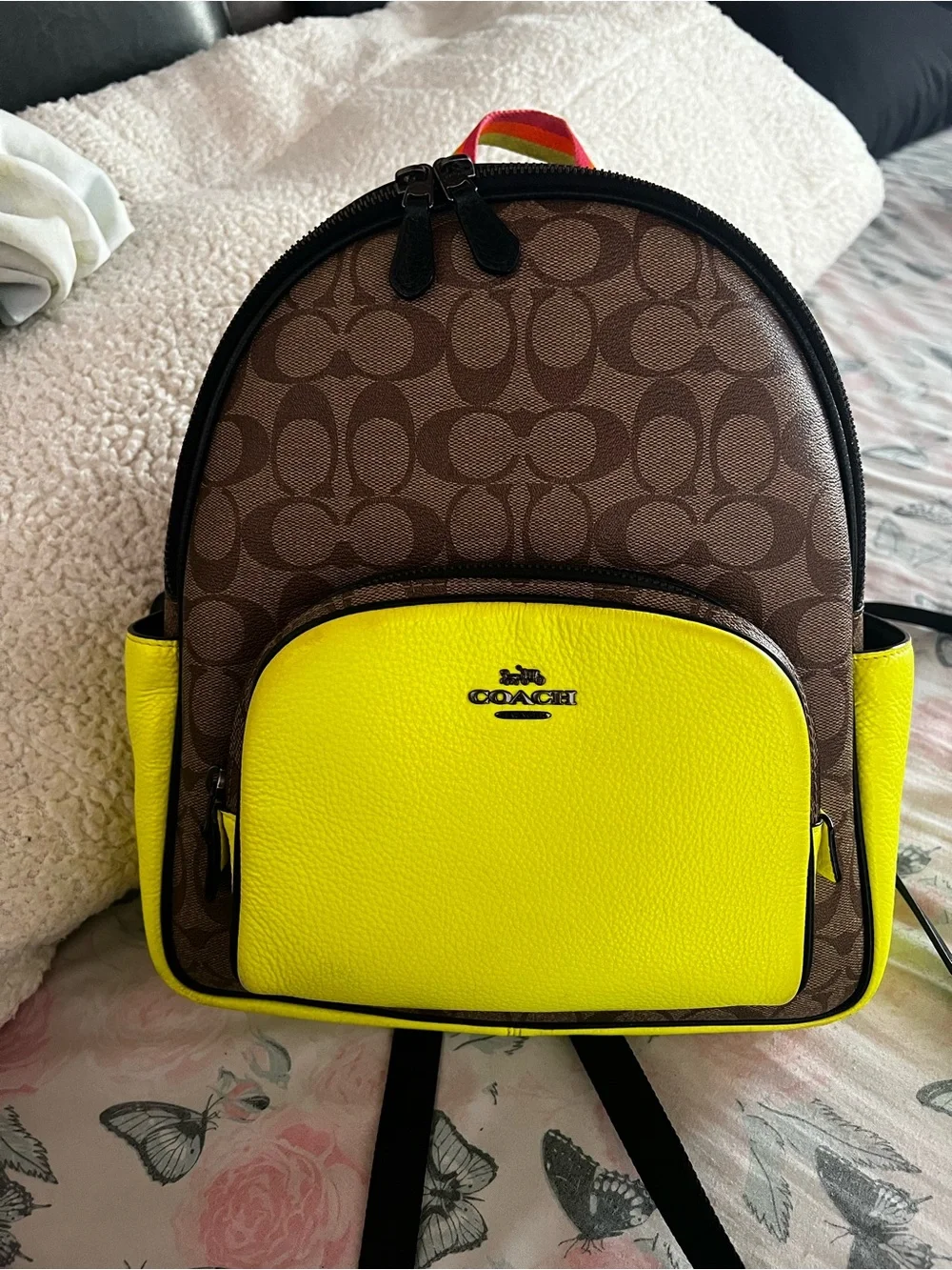 Coach Brown Signature Canvas Backpack with Yellow Leather Front Pocket
